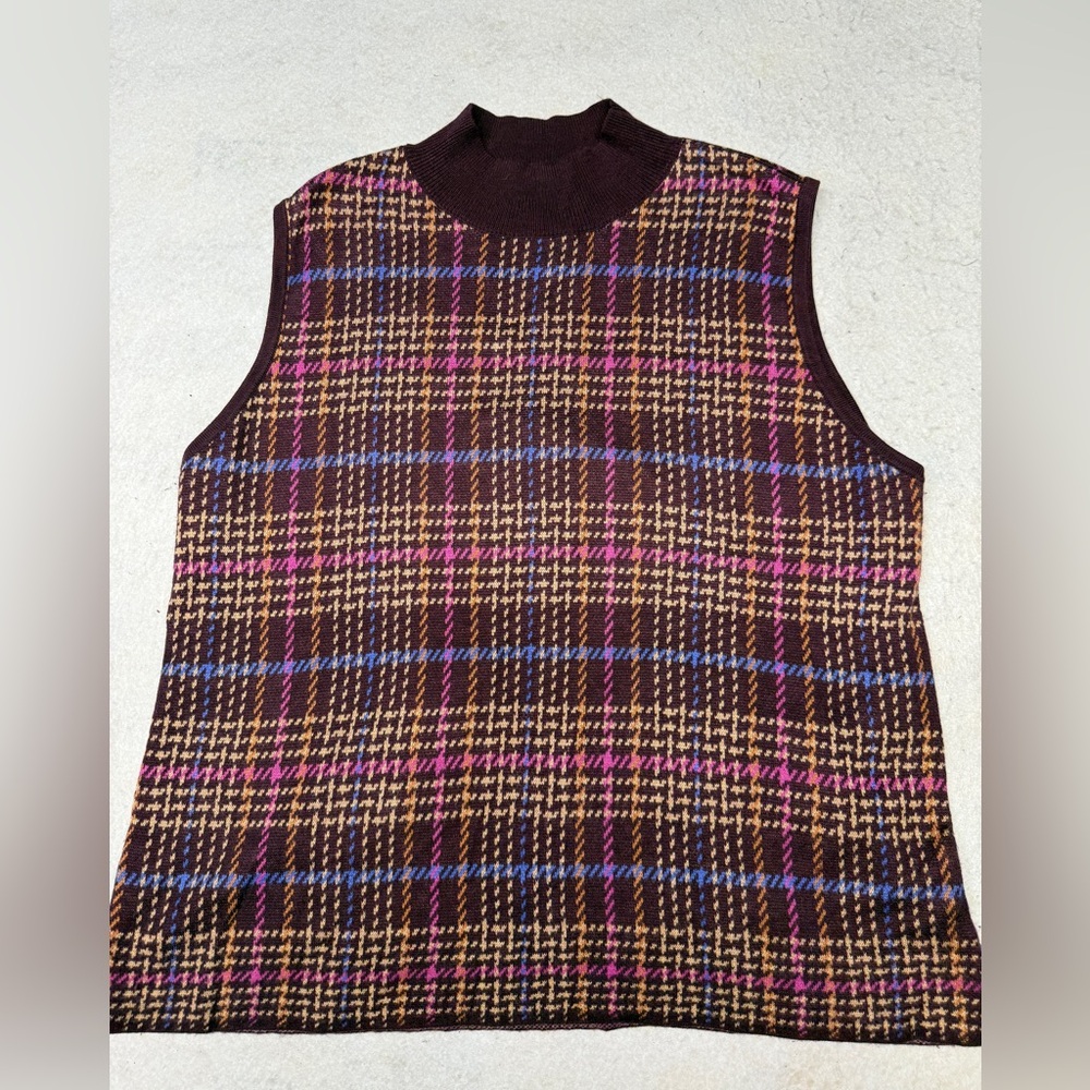 NWOT Ann‎ Taylor Pink Burgundy Plaid Jacquard Mock Neck Sweater Tank Size L